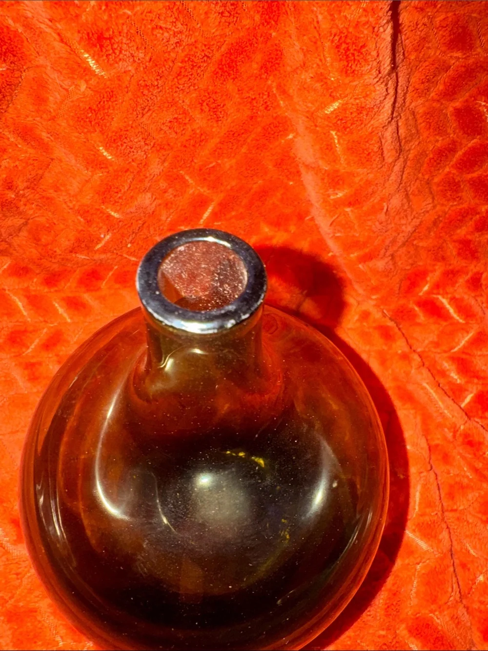 Vintage Deep Amber Marigold Iridescent Glass Bottle Vase | Mid-Century Bulbous D